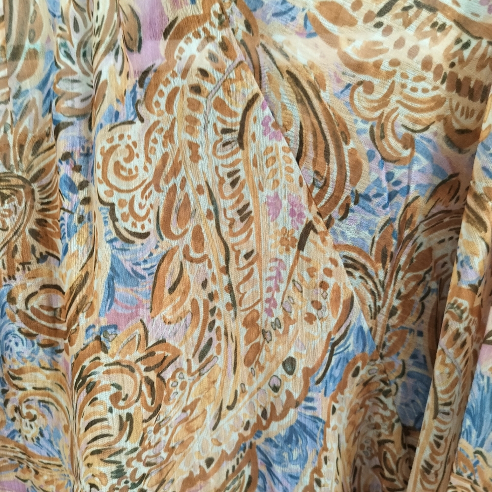 Democracy Women's Sheer Brown Paisley Peasant Top Large Boho 70s whimsigoth - Picture 14 of 14